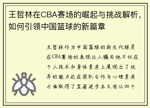 王哲林在CBA赛场的崛起与挑战解析，如何引领中国篮球的新篇章